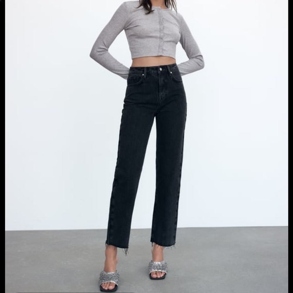 Zara Straight Leg High Waisted Raw Hem Black Jeans 0